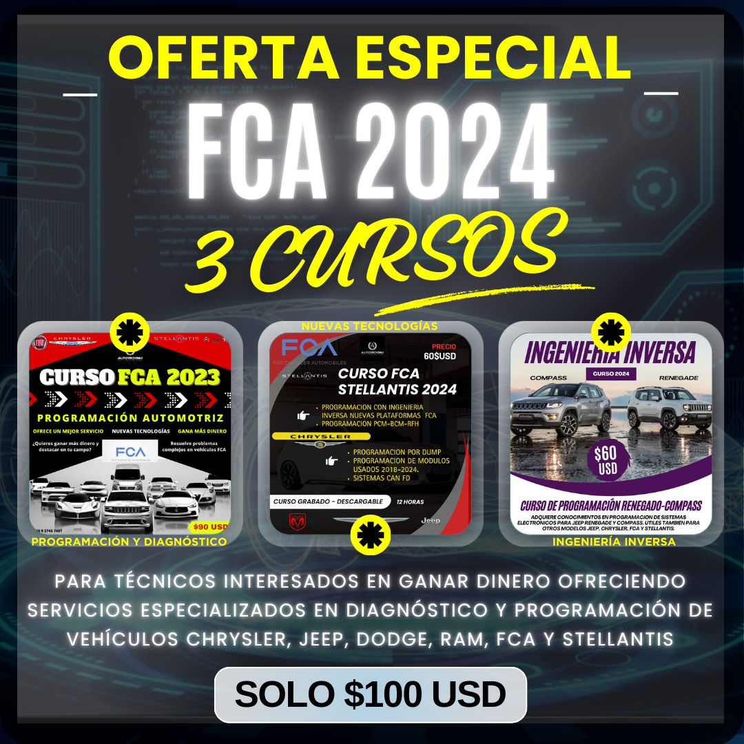 Aprende Diagnóstico, Programación, Nuevas Tecnologías, CAN FD, Ingeniería Inversa en vehículos Chrysler, Jeep, Dodge, RAM, FCA y Stellantis de Cero a Experto. Curso 2024