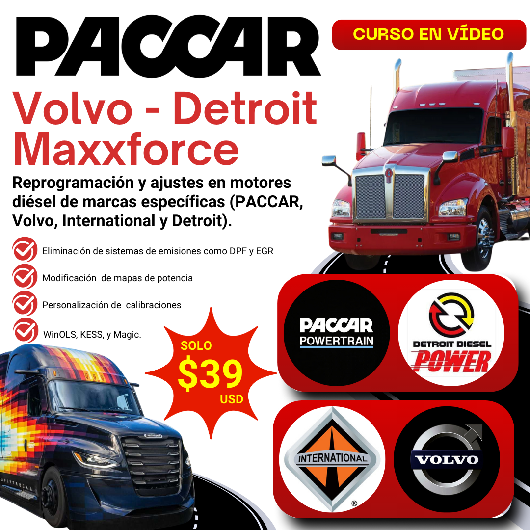 Reprogramación y ajustes en motores diésel de marcas específicas (PACCAR, Volvo, International y Detroit). Reprogramación y ajustes en motores diésel de marcas específicas (PACCAR, Volvo, International y Detroit).