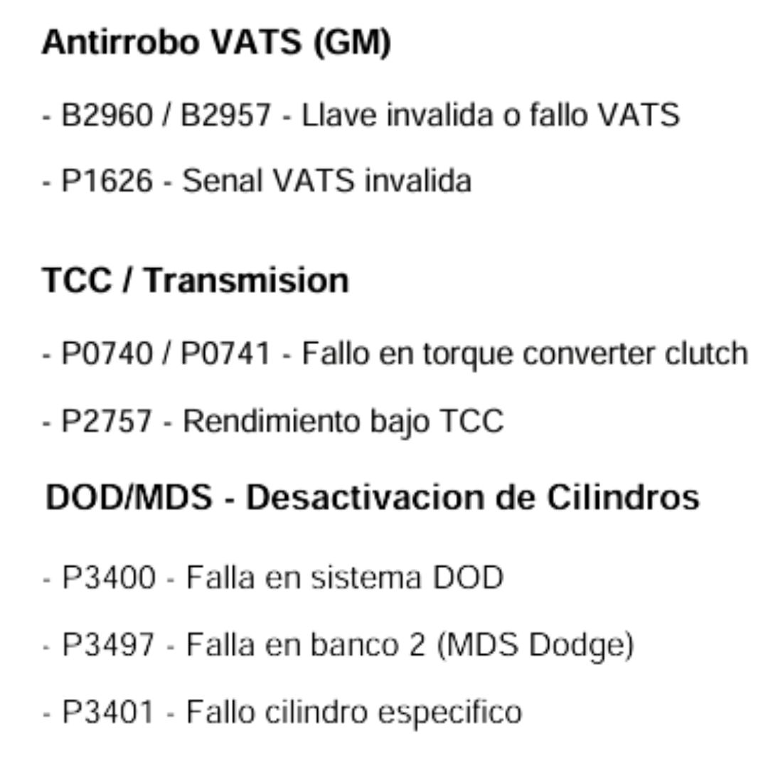 Códigos de Falla del ANTIRROBO VATS GM, TCC Transmisión, DOD y MDS